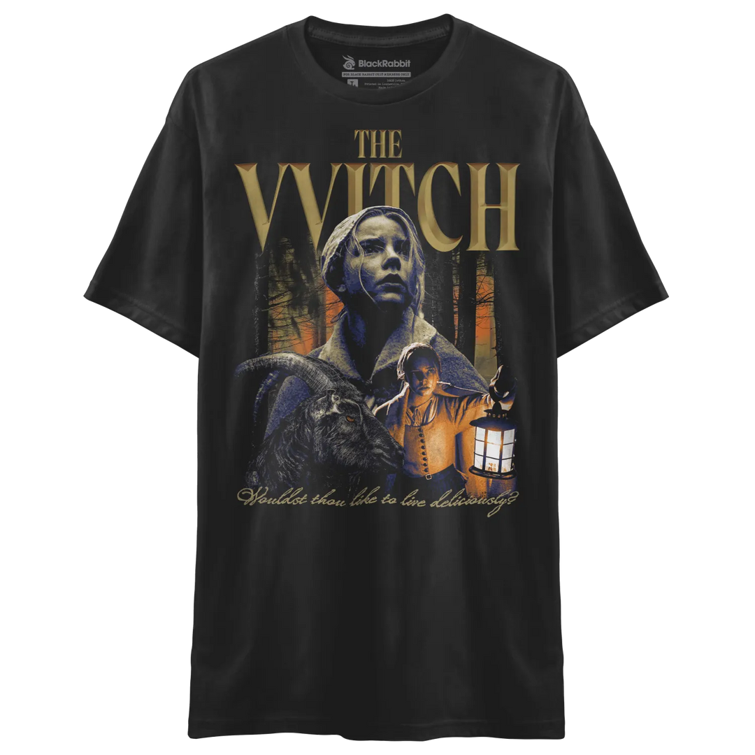 Black t-shirt with a ’The Witch’ movie graphic.