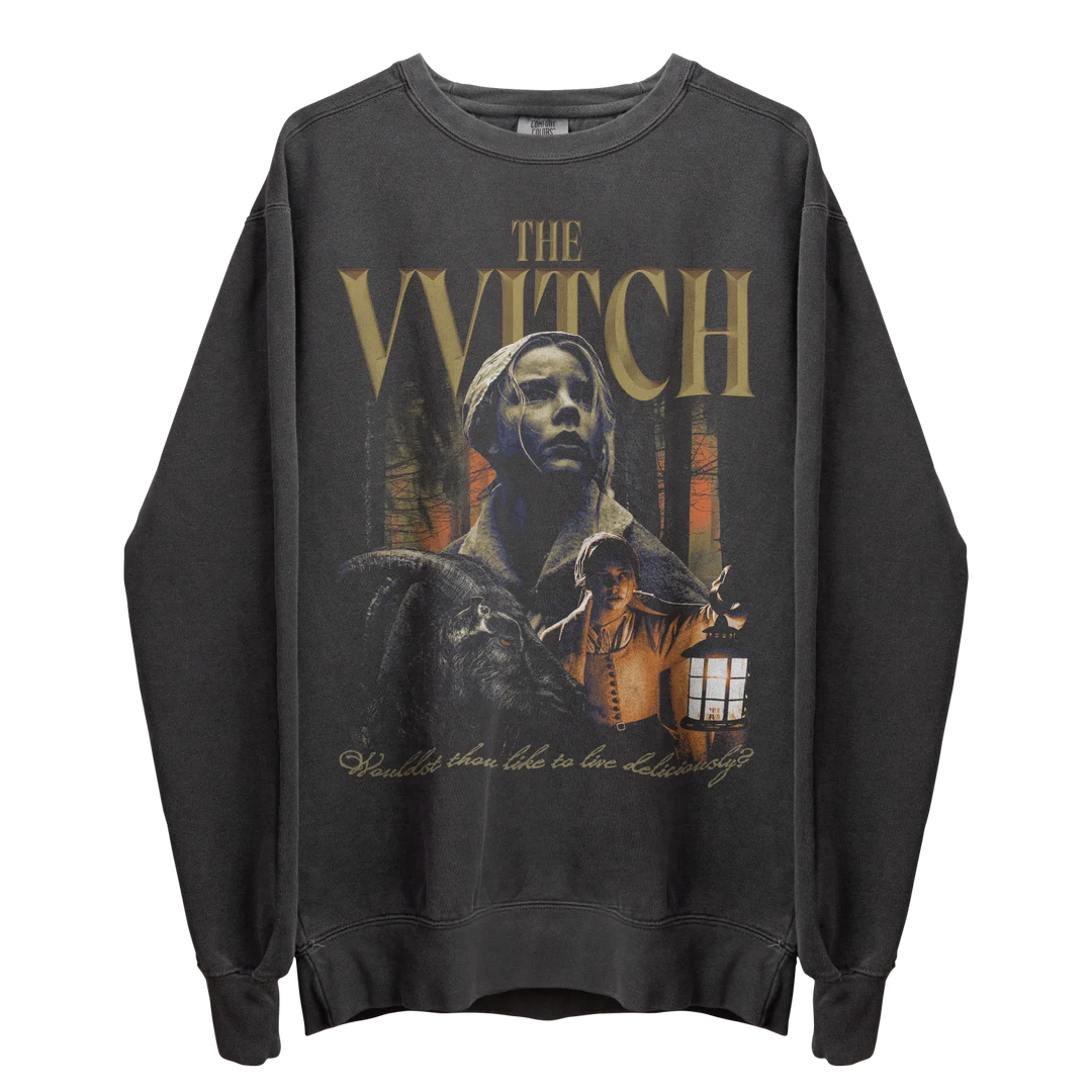 Dark gray long-sleeve sweatshirt with a ’The Witch’ movie poster graphic.