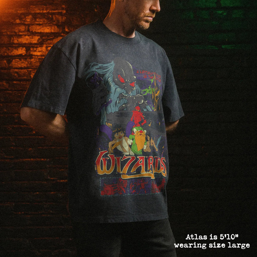 Male model wearing stone wash heavy tee with wizards graphic 
