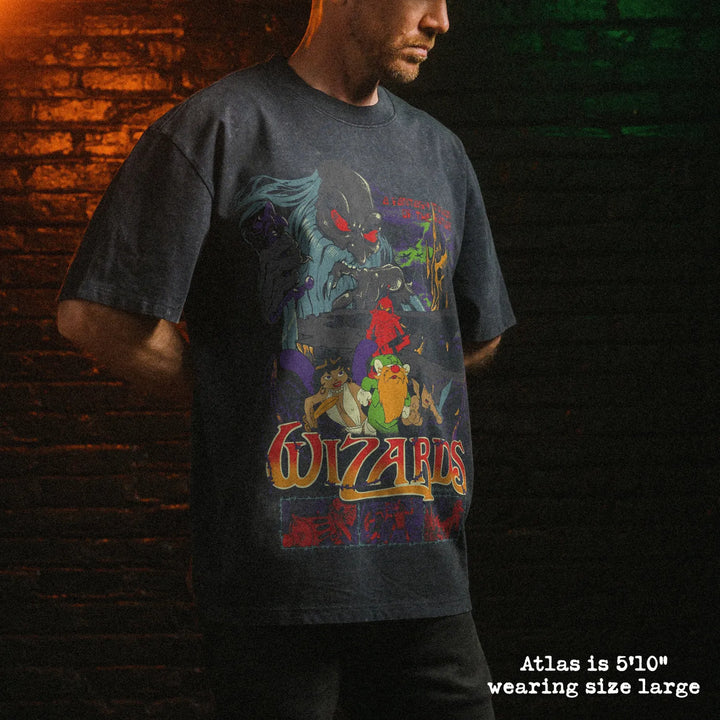 Male model wearing stone wash heavy tee with wizards graphic 