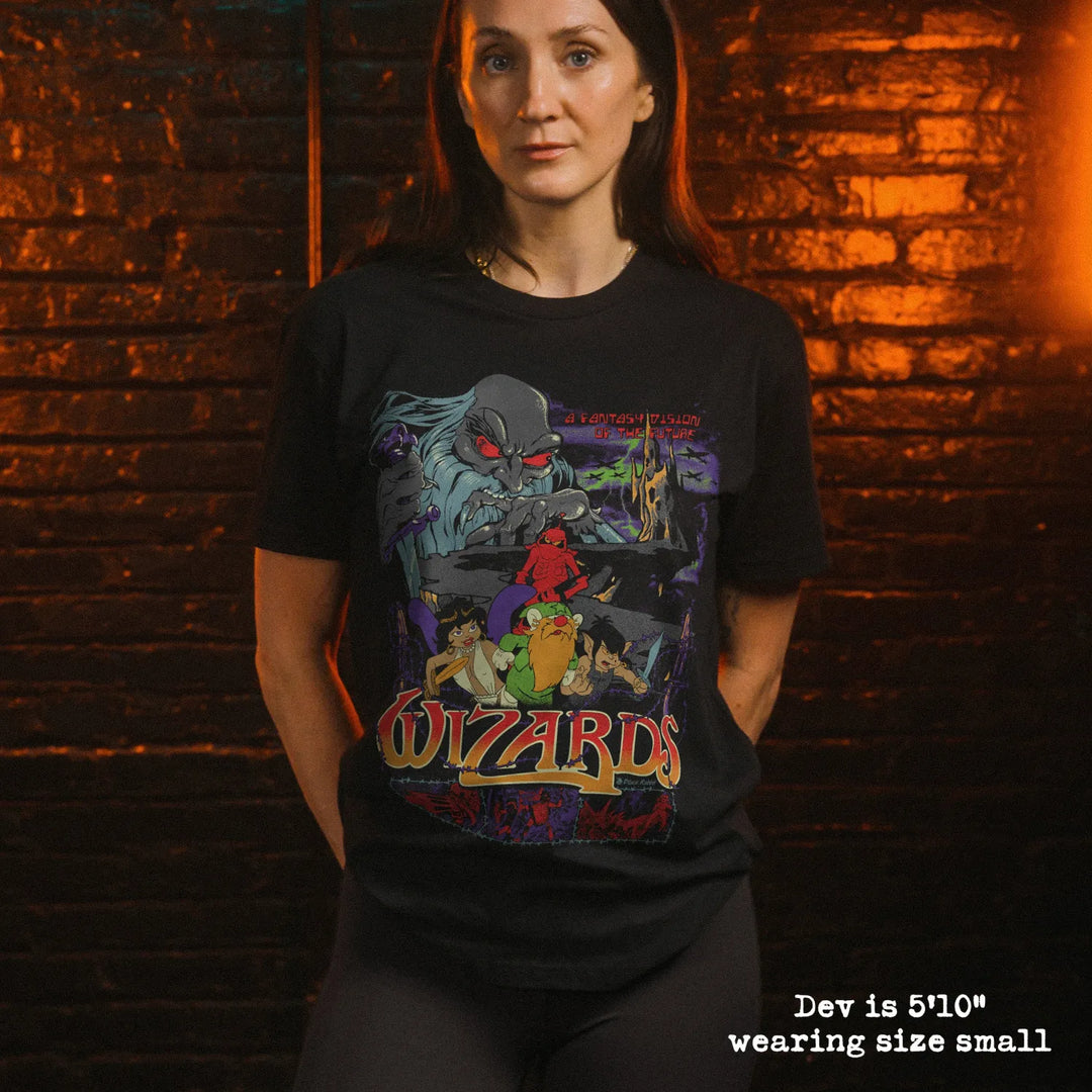 model wear soft premium tee with wizards graphic
