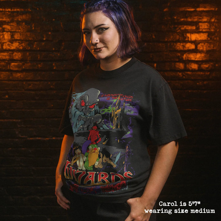 Model wearing heavy tee with wizards graphic 