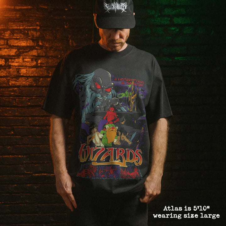 Model wearing heavy tee with wizards graphic 