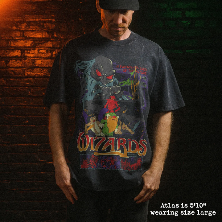 Male model wearing heavy stone washed tee with wizards graphic. 