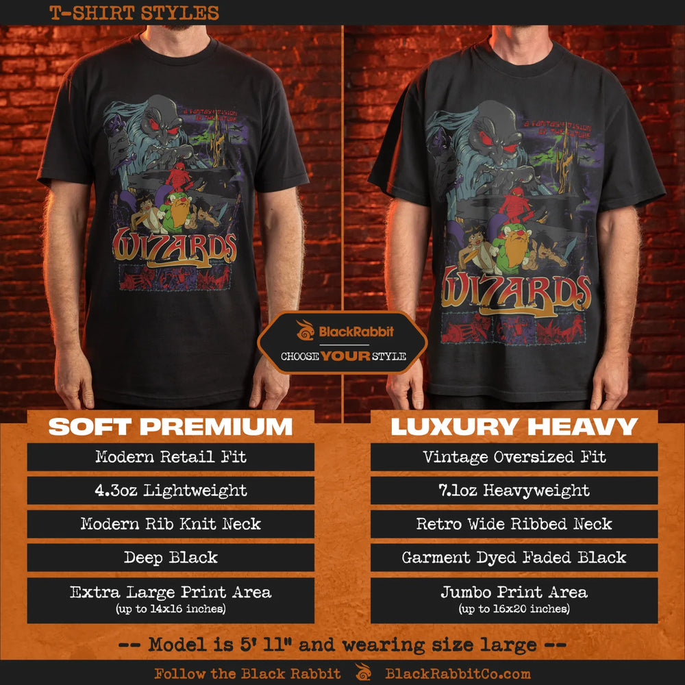 Two black t-shirts, one a soft premium fit and the other a luxury heavy vintage oversized fit, both featuring a colorful graphic design with the word ’WIZARDS.’