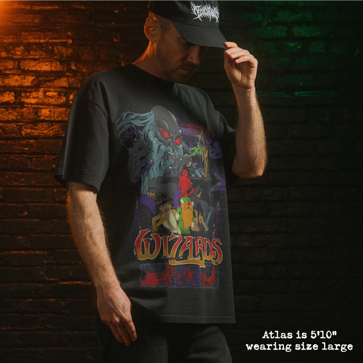 Model wearing heavy tee with wizards graphic 