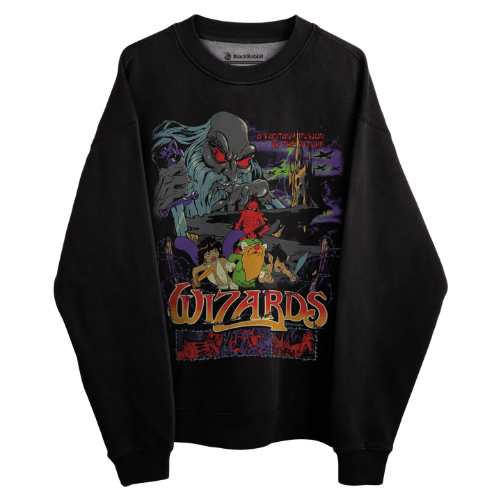 Black long-sleeved sweatshirt with wizards graphic design featuring various characters and text in white, red, blue, green, yellow, orange, purple, pink, brown, gray, silver, gold.