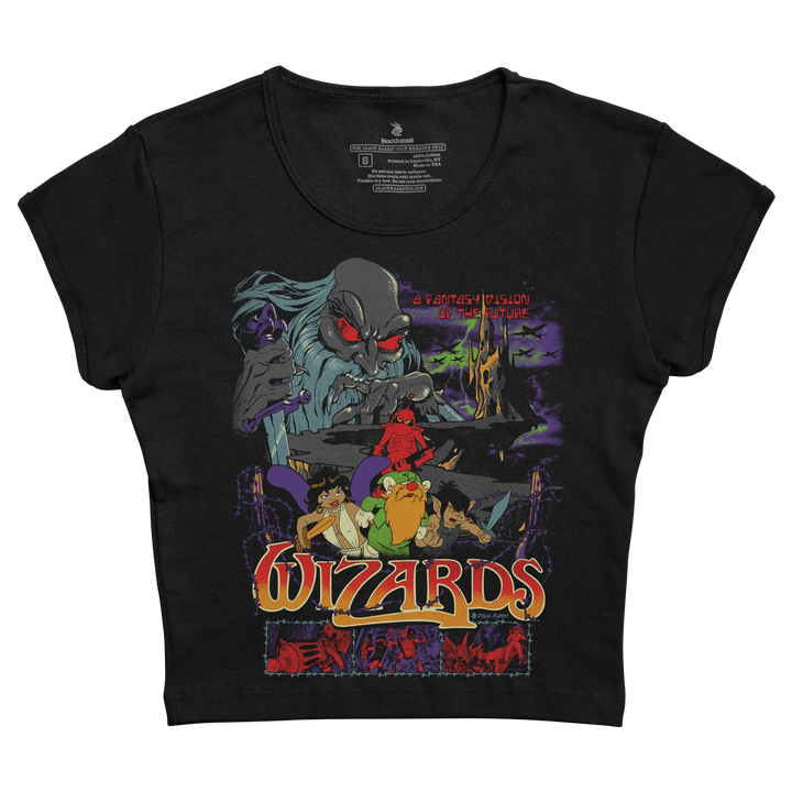 Black short-sleeved t-shirt featuring a colorful graphic of the ’wizards’ animated series with characters and a menacing figure against a fantasy backdrop.