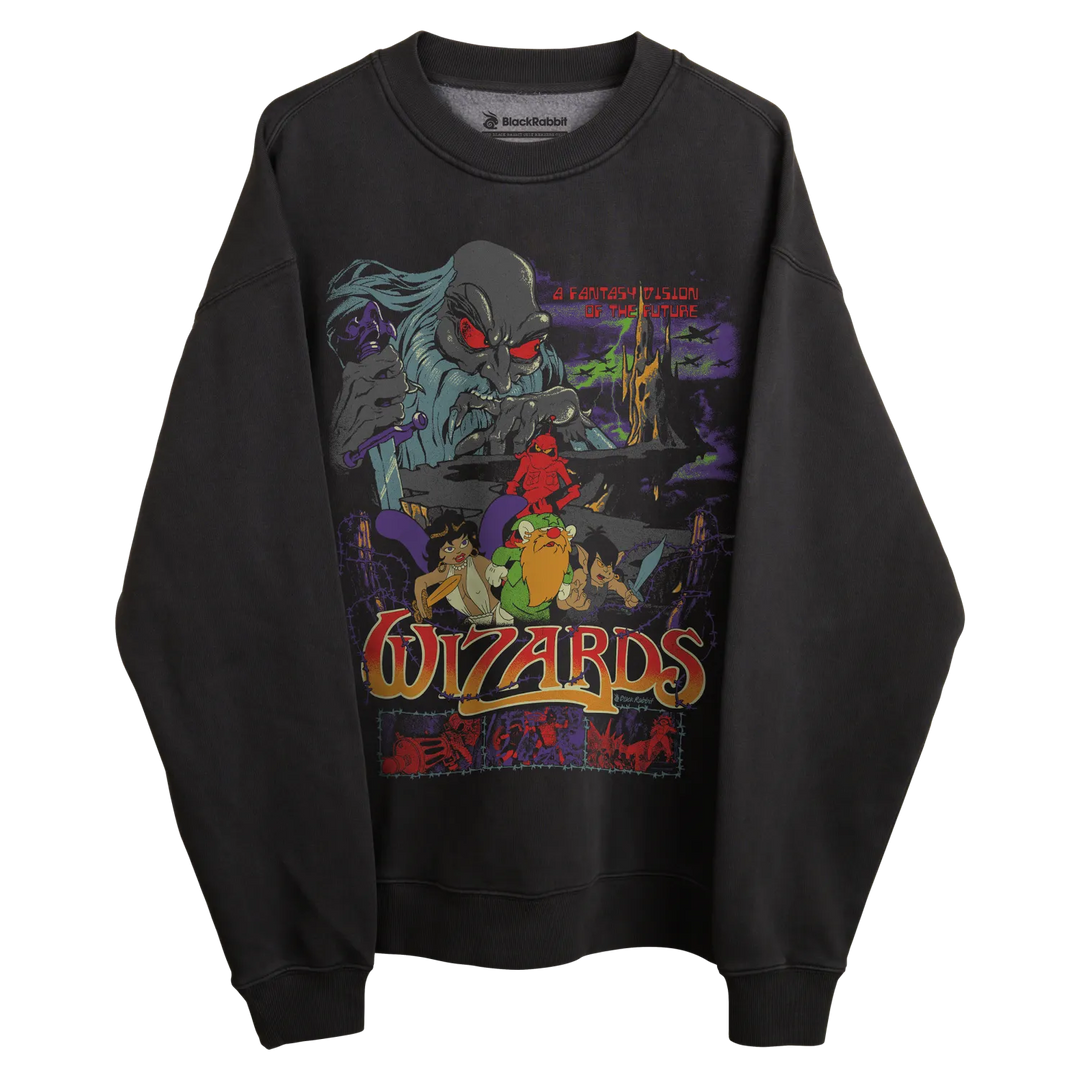 Black wizards sweatshirt with colorful graphic design featuring characters and text.