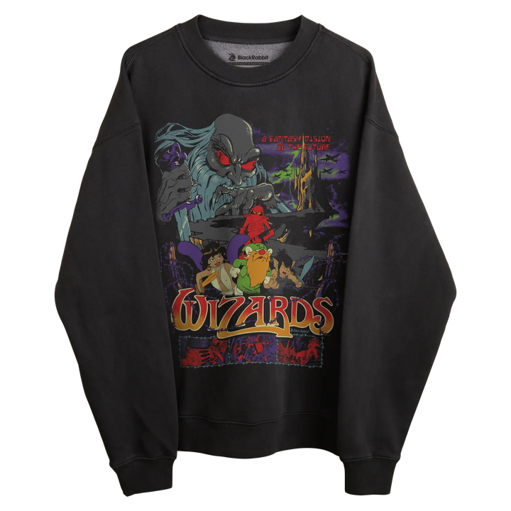 Black wizards sweatshirt with colorful graphic design featuring characters and text.