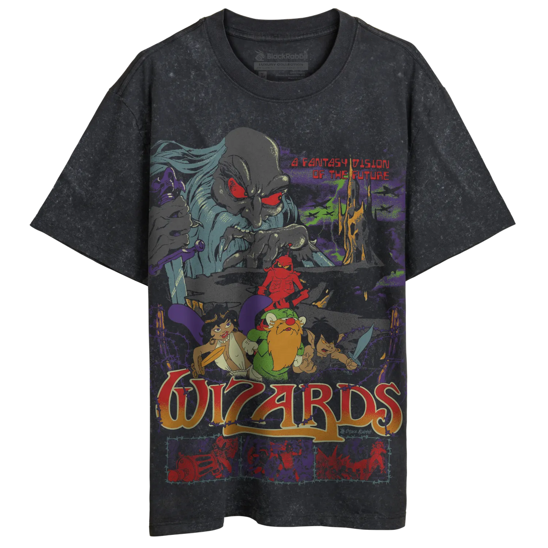 A dark grey, short-sleeved t-shirt with a colorful graphic print featuring fantasy characters and the word ’WIZARDS’.