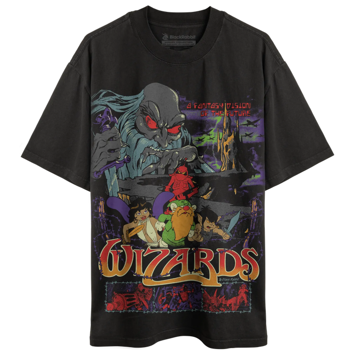 Washed black graphic t-shirt featuring ’Wizards’ movie poster art.