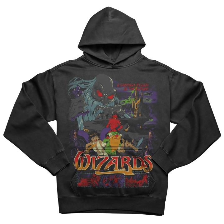 Dark gray hooded sweatshirt with a colorful graphic print featuring fantasy characters and ’WIZARDS’ text.