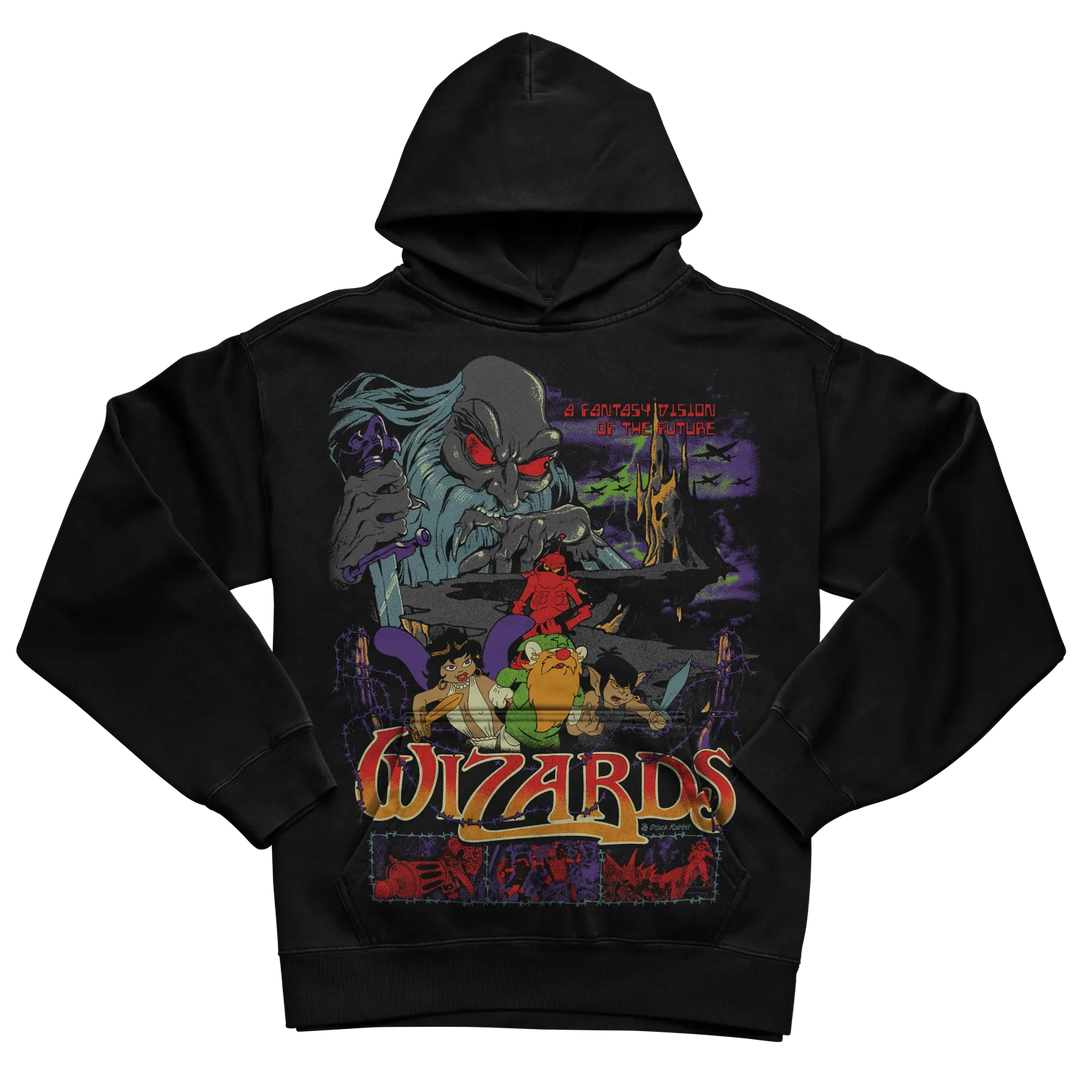 Black wizards hoodie with colorful graphic design featuring characters and text.