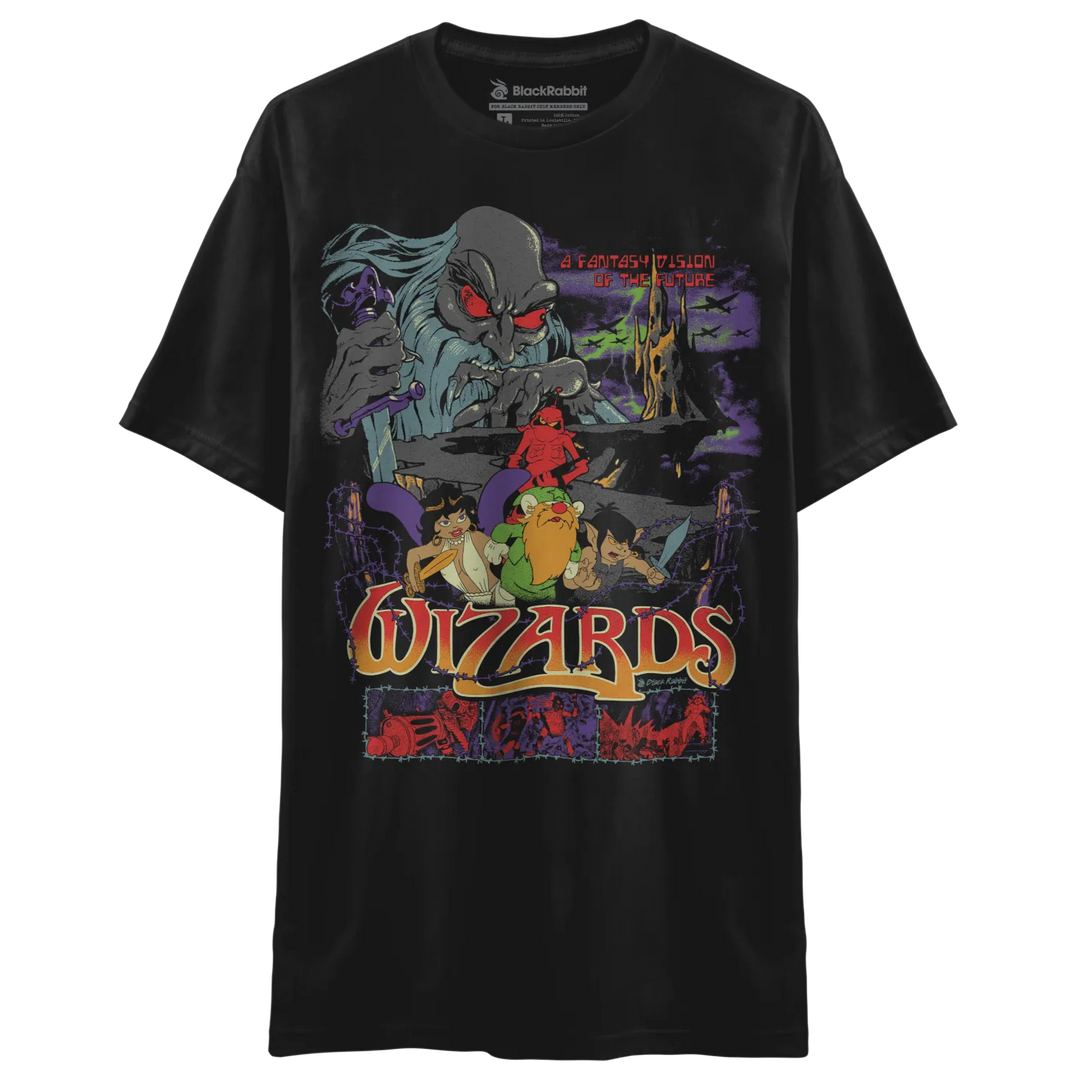 Black short-sleeve t-shirt with a colorful graphic print featuring animated fantasy characters and the word ’WIZARDS’.
