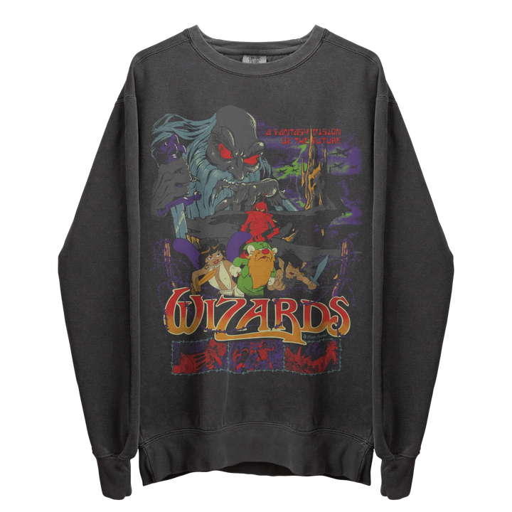 A dark grey crewneck sweatshirt with a colorful graphic print featuring fantasy characters and the word ’WIZARDS’.