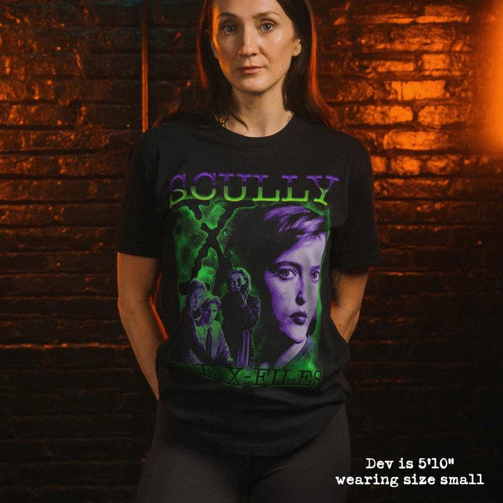 model wear soft premium tee with scully graphic
