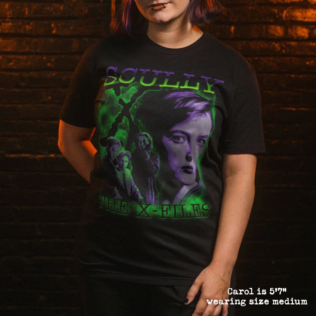 model wear soft premium tee with scully graphic
