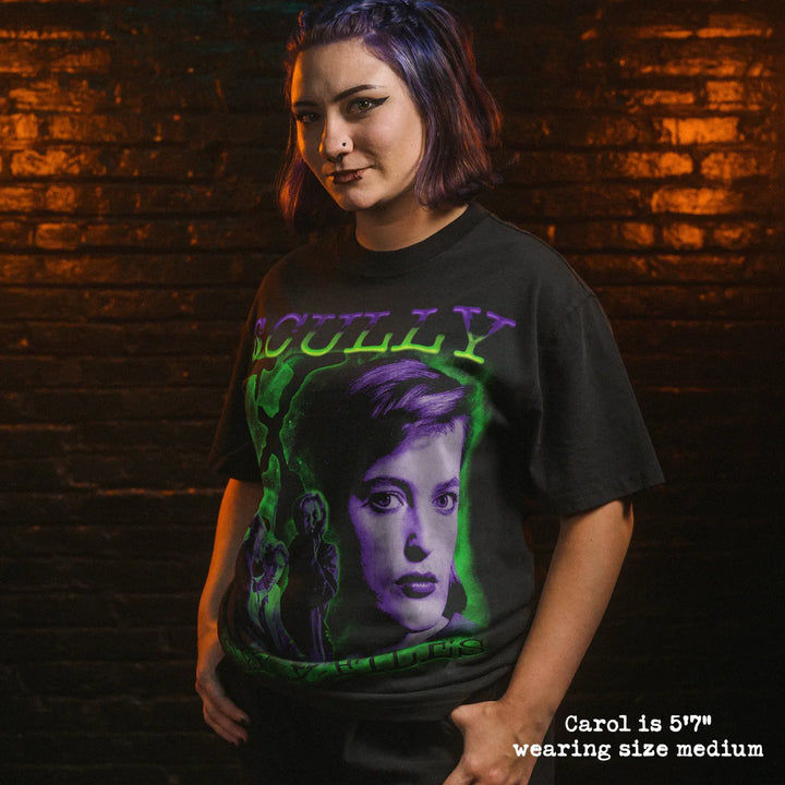 Model wearing heavy tee with scully graphic 