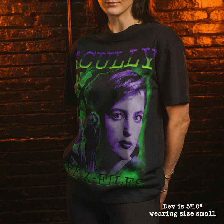 Model wearing heavy tee with scully graphic 