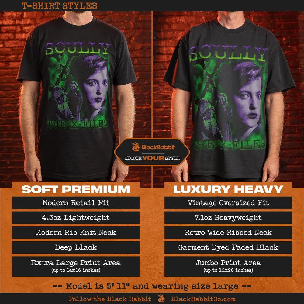Comparison of two black t-shirt styles featuring an ’X-Files’ design with Dana Scully.