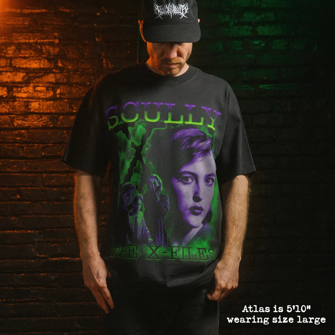 Model wearing heavy tee with scully graphic 