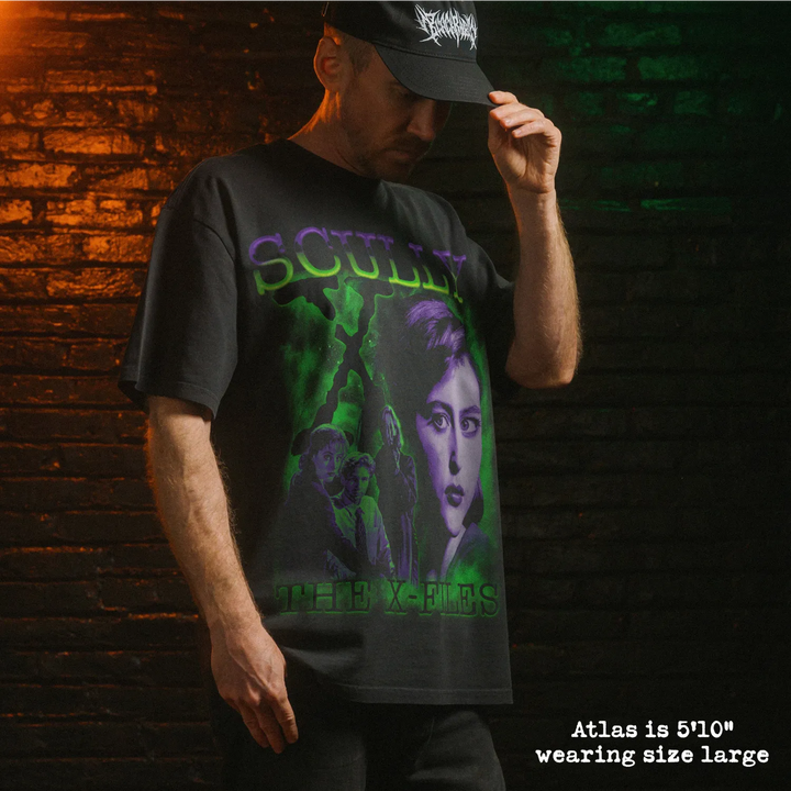 Model wearing heavy tee with scully graphic 