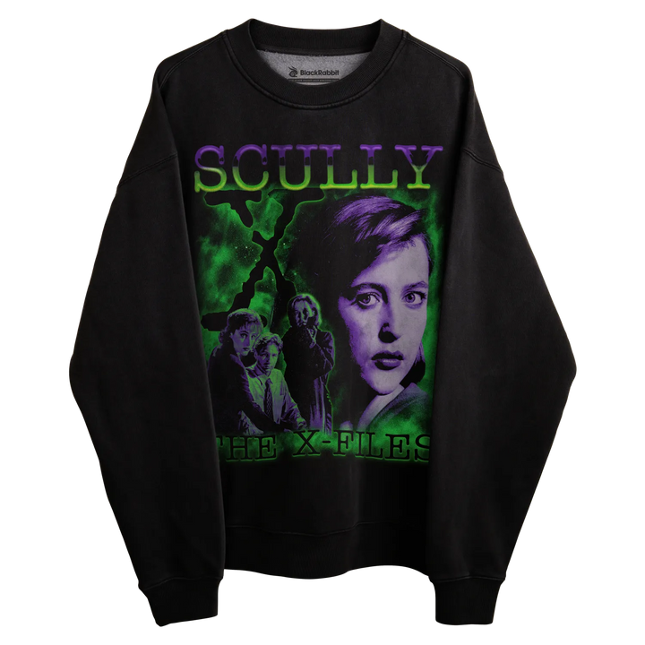 Black crewneck sweatshirt with ’scully’ and ’the x-files’ text, featuring an image of a woman’s face in green and purple hues.