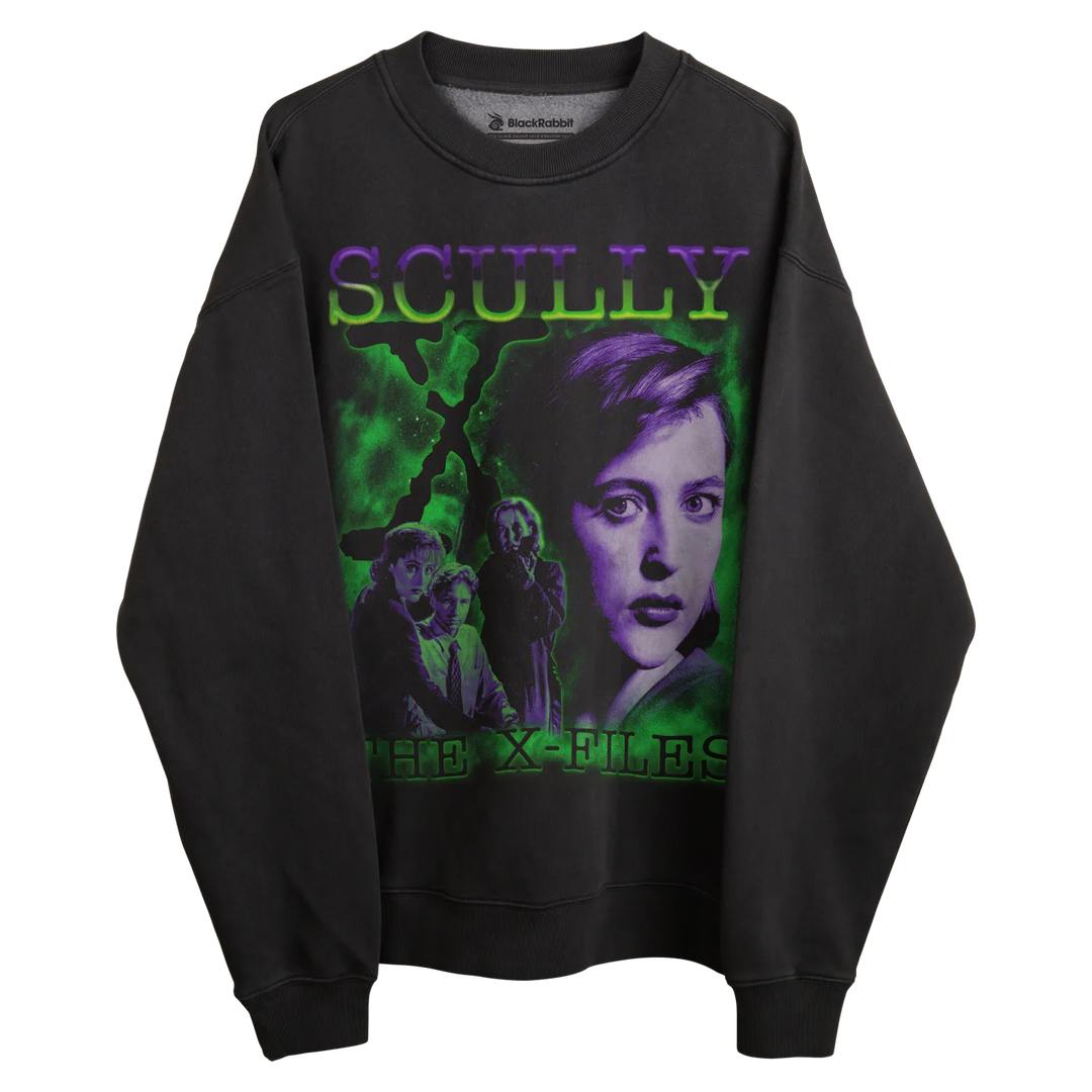 Dark gray crewneck sweatshirt with ’the x-files’ graphic featuring scully and mulder in a green, purple, black background.