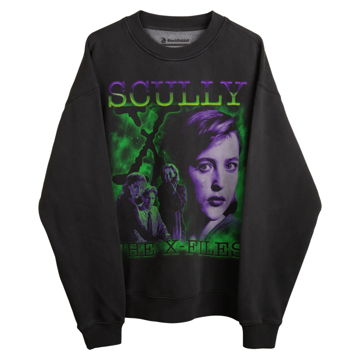 Dark gray crewneck sweatshirt with ’the x-files’ graphic featuring scully and mulder in a green, purple, black background.