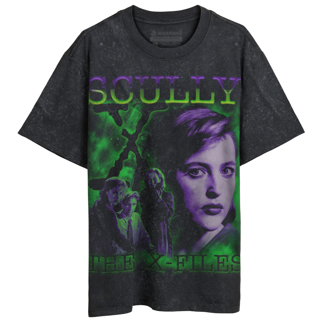 Dark gray t-shirt with a vibrant green and purple graphic print of Dana Scully from The X-Files.