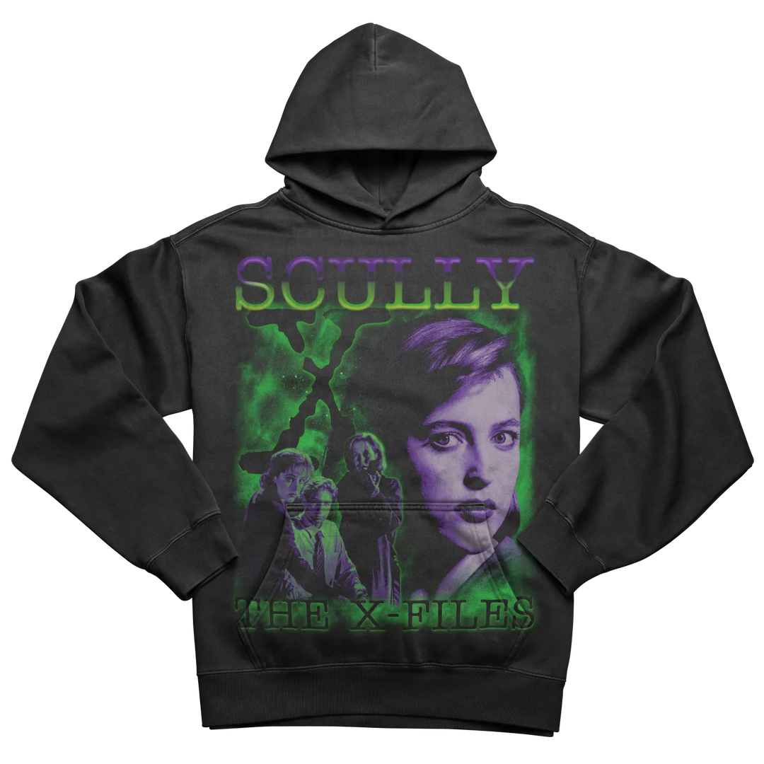 Black hooded sweatshirt with a green and purple graphic of Scully from The X-Files.