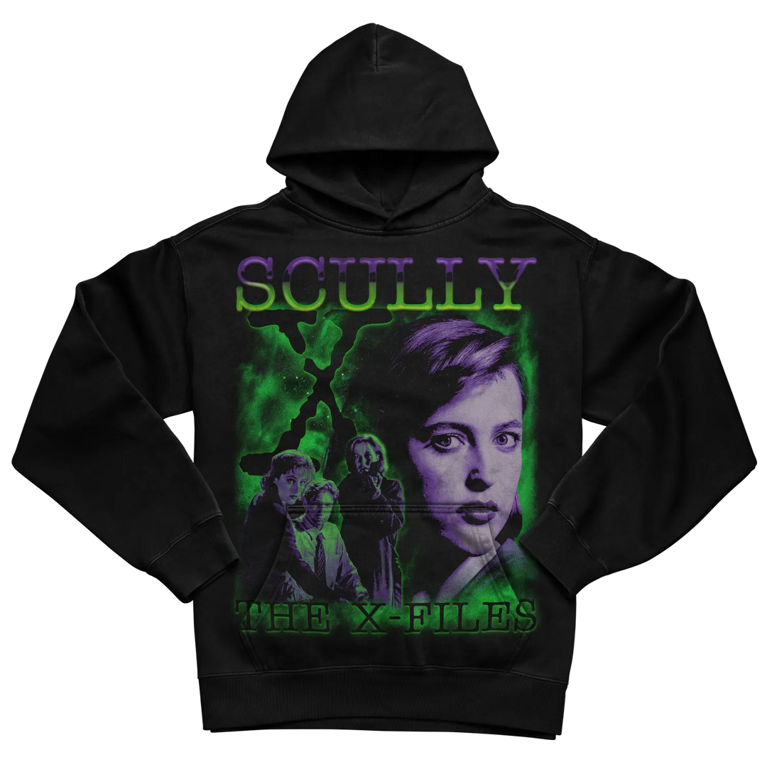 Black hoodie with green and purple design featuring the x-files characters.