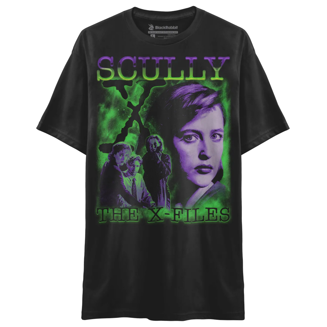 Black short-sleeve crewneck t-shirt with a vibrant purple and green graphic print of Dana Scully and other X-Files characters.