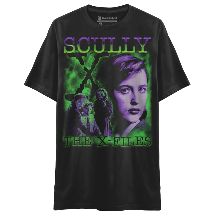 Black short-sleeve crewneck t-shirt with a vibrant purple and green graphic print of Dana Scully and other X-Files characters.