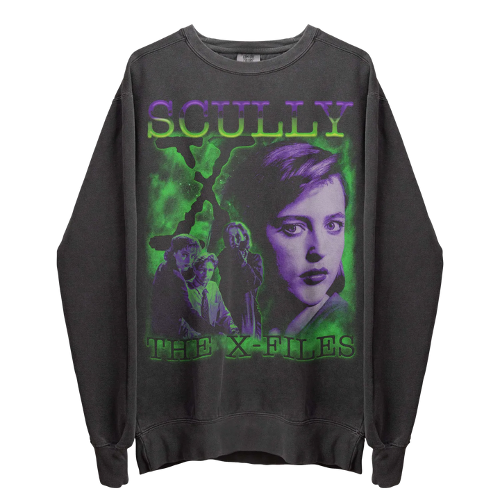 Dark gray long-sleeve sweatshirt with a green and purple ’Scully: The X-Files’ graphic.