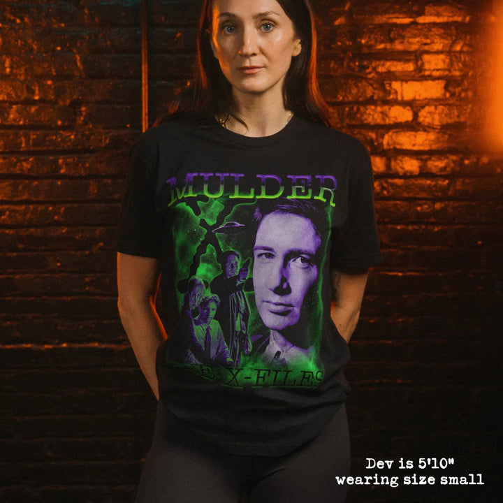 model wear soft premium tee with mulder graphic
