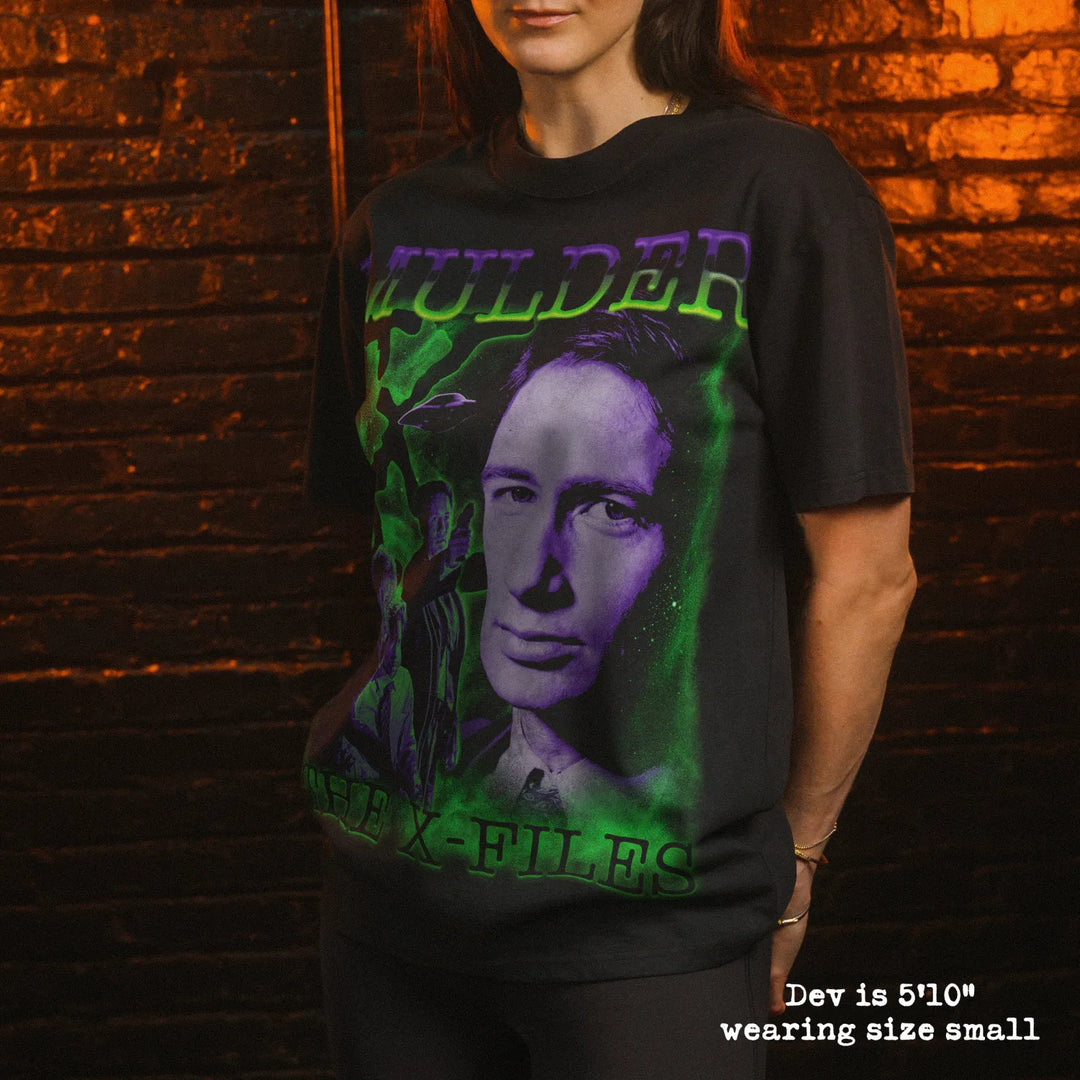 Model wearing heavy tee with mulder graphic 