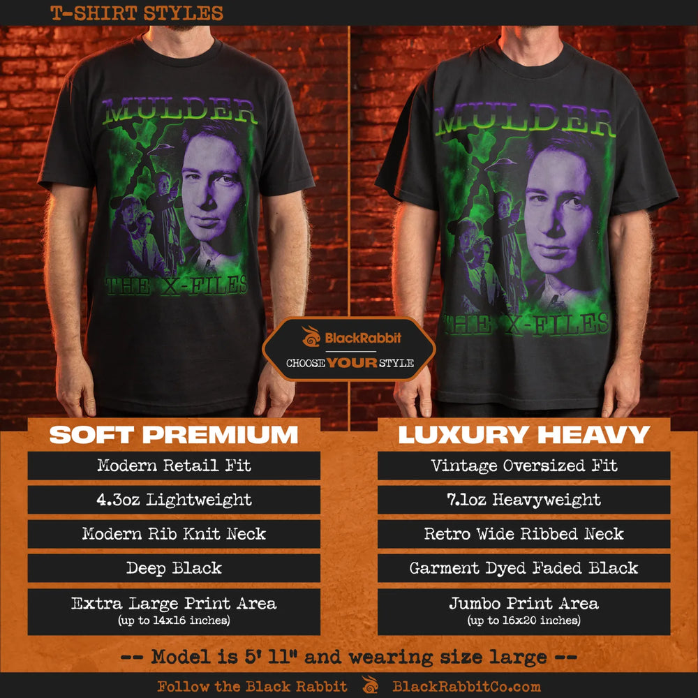 Comparison of two black t-shirt styles with a graphic print of Mulder from The X-Files.