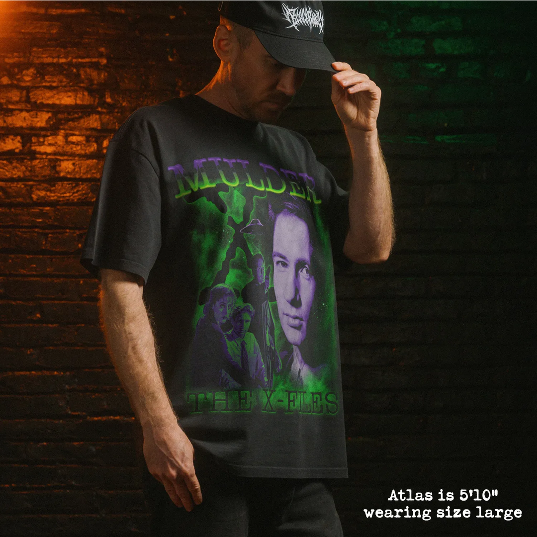 Model wearing heavy tee with mulder graphic 