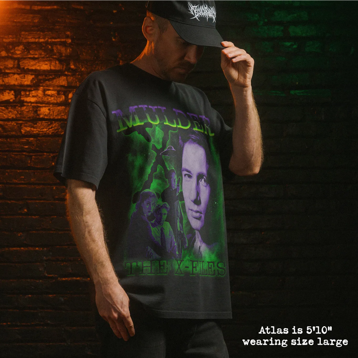 Model wearing heavy tee with mulder graphic 