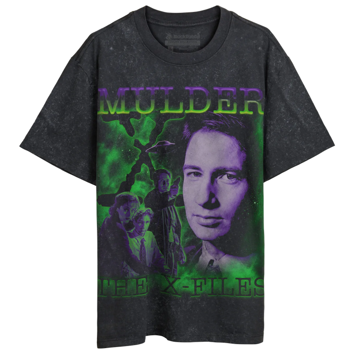 Black acid-wash graphic t-shirt with a purple and green X-Files design.