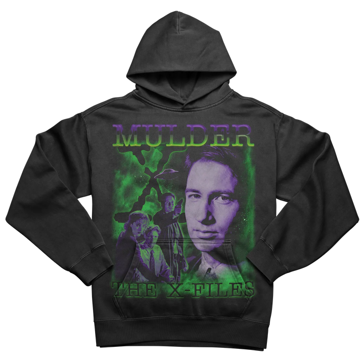 Black hooded sweatshirt with a green and purple ’Mulder’ and ’The X-Files’ graphic featuring character images.