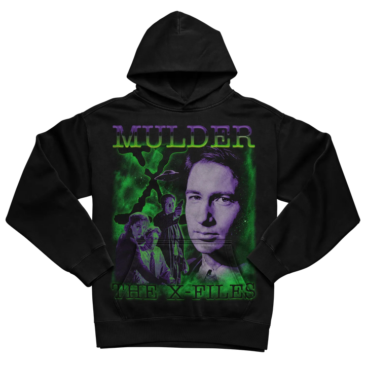 Black hoodie with ’mulder’ and ’the x-files’ design, featuring a green glowing graphic of characters.