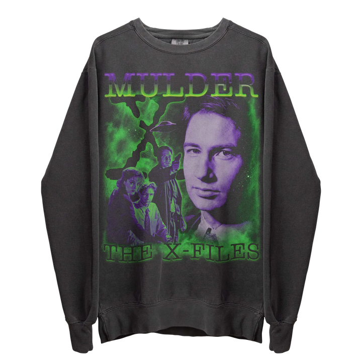 Black long-sleeved sweatshirt with an X-Files graphic print.