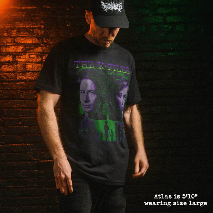 Male model wear soft premium tee with X-Files graphic
