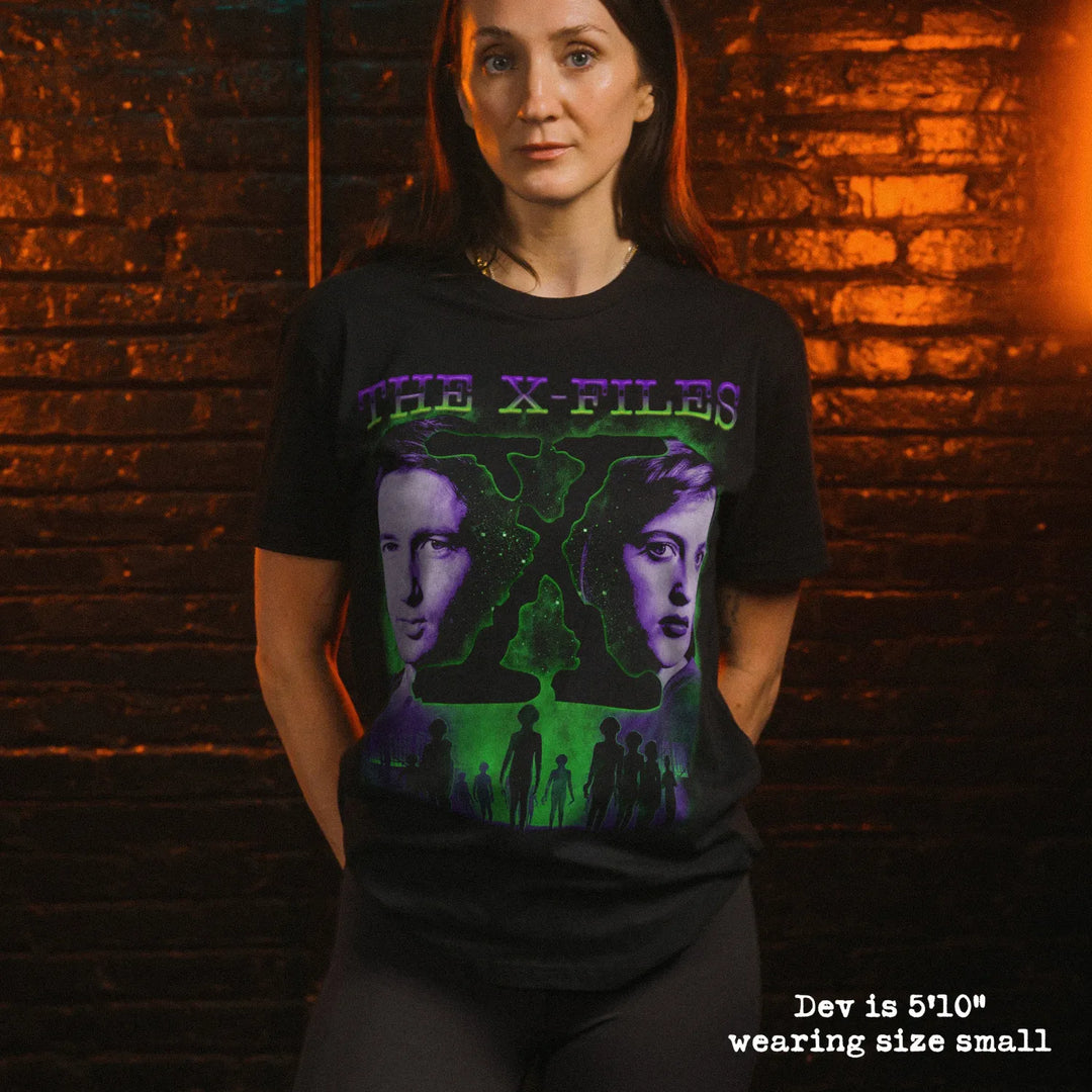 model wear soft premium tee with x-files graphic
