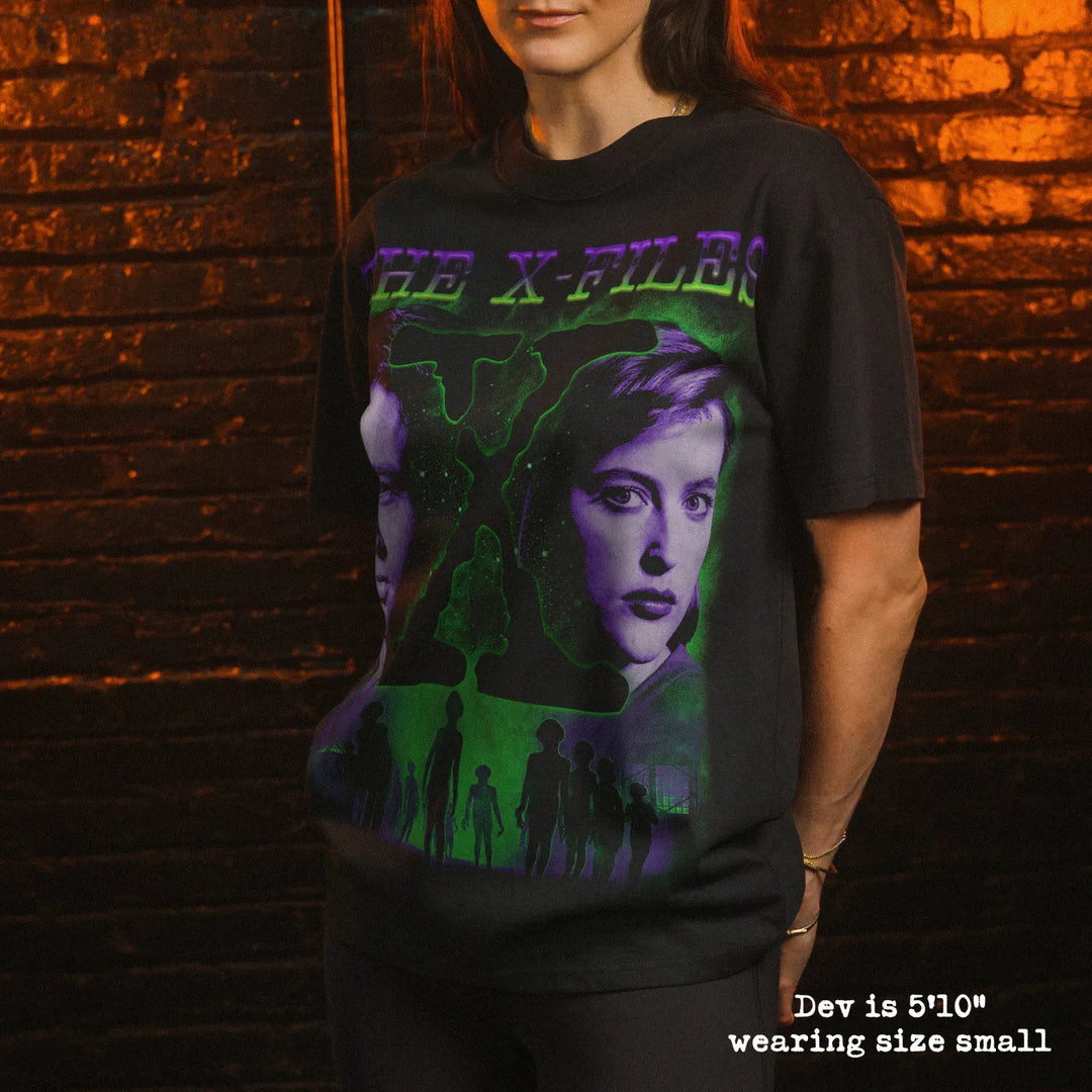 Model wearing heavy tee with x-files graphic 