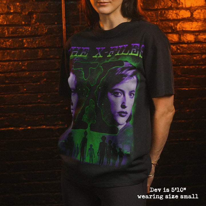 Model wearing heavy tee with x-files graphic 