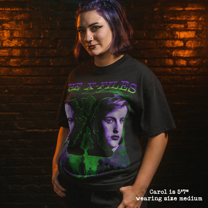 Model wearing heavy tee with x-files graphic 